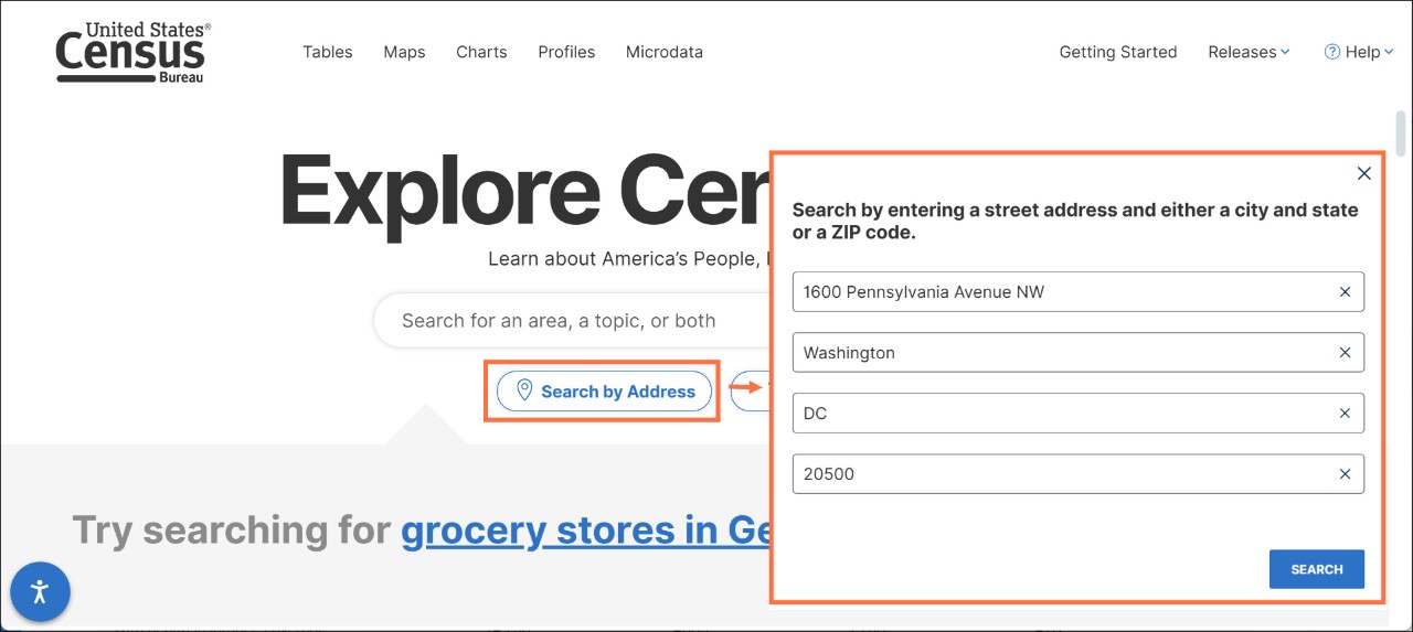 How do I search by address using data.census.gov? Image