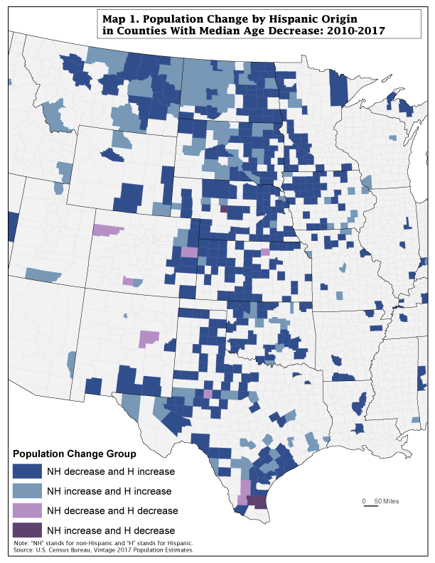 Map 1. Population Change by Hispanic Origin in Counties With Median Age Decrease: 2010-2017