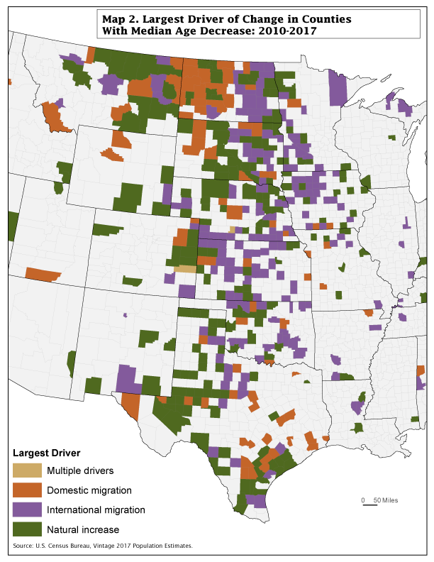 Map 2. Largest Driver of Change in Counties With Median Age Decrease: 2010-2017