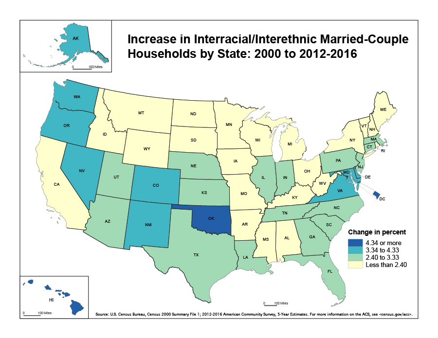 Increase in Interracial/Interethnic Married-Couple Households by State: 2000 to 2012-2016