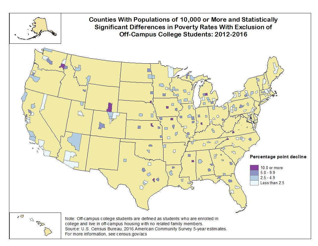 Counties With Populations of 10,000 or More and Statistically Significant Differences in Poverty Rates With Exclusion of Off-Campus College Students: 2012-2016