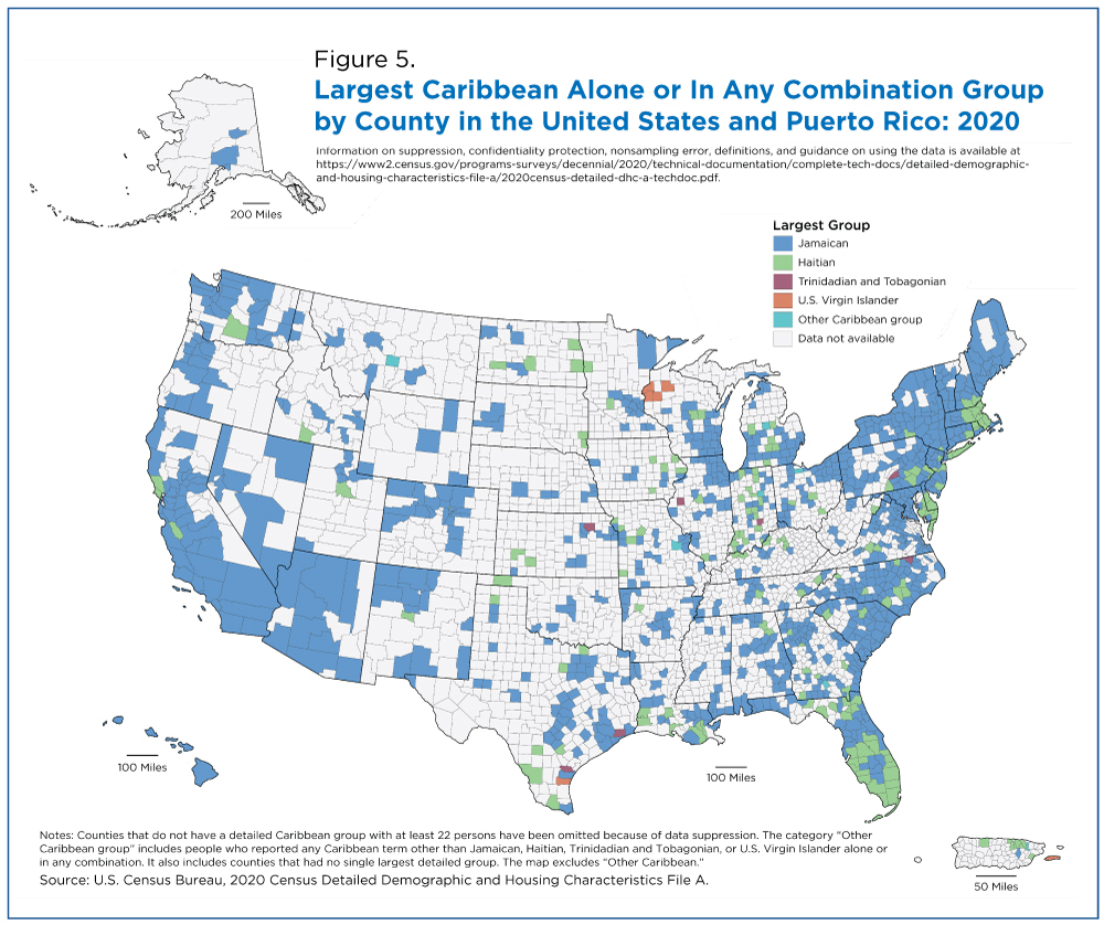 Figure 5. Largest Caribbean Alone or In Any Combination Group by County in the United States and Puerto Rico: 2020