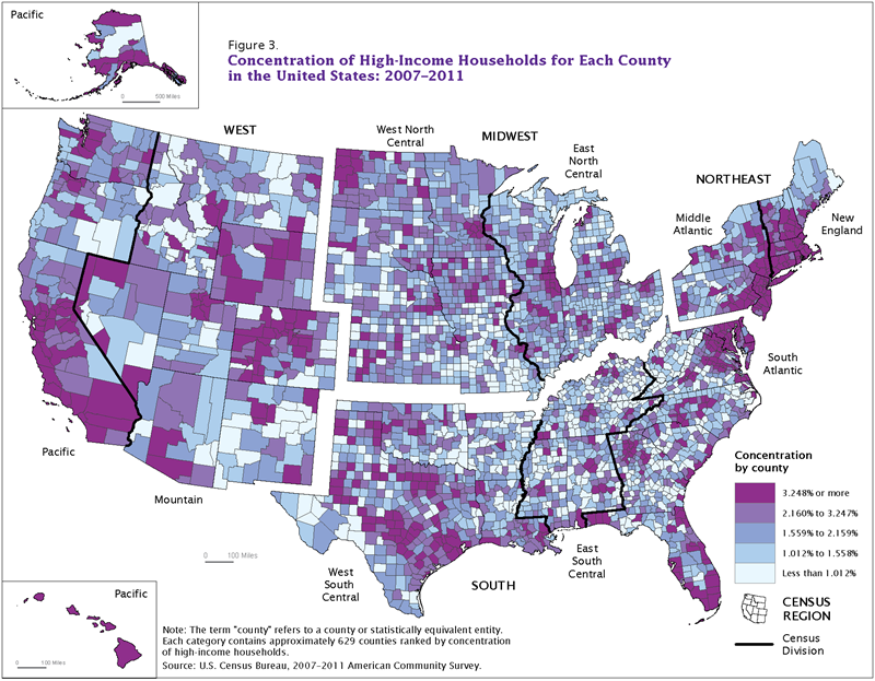 Concentration of High-Income Households for Each County in the United States: 2007–2011