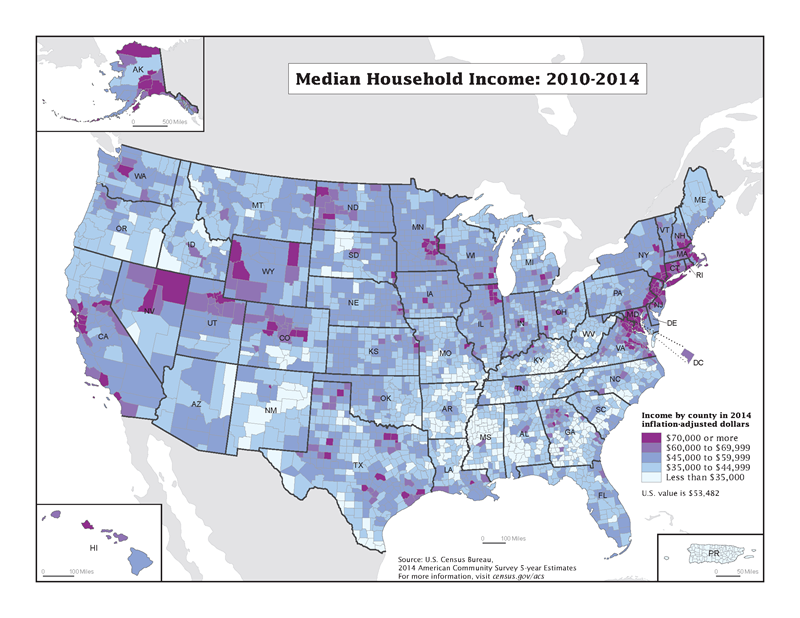 Median household income by county for 2010-2014