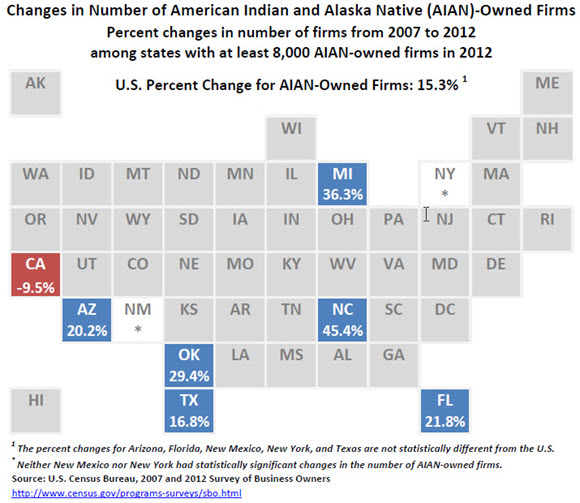 Percent changes in number of firms from 2007 to 2012 among states with at least 8,000 AIAN-owned firm in 2012