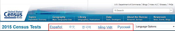 Screenshot of the 2015 Census Test language tabs