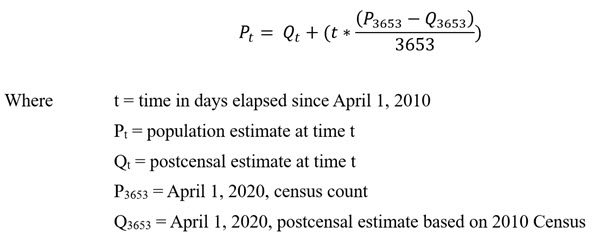Equation used to distribute the error of closure evenly across the time series in the 2010-2020 intercensal estimates.