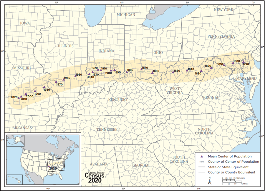 Mean Center of Population for the United Stated 1790-2020