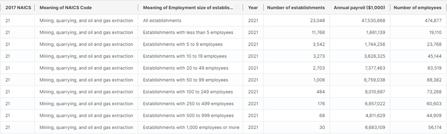 Table CB2100CBP, All Sectors: County Business Patterns, including ZIP Code Business Patterns, by Legal Form of Organization and Employment Size Class for U.S., States and Selected Geographies: 2021, showing all NAICS 21: Mining, Quarrying, and Oil and Gas Extraction, United States 