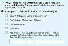 View of the Hispanic origin question as it appeared on the 2020 Census Questionnaire