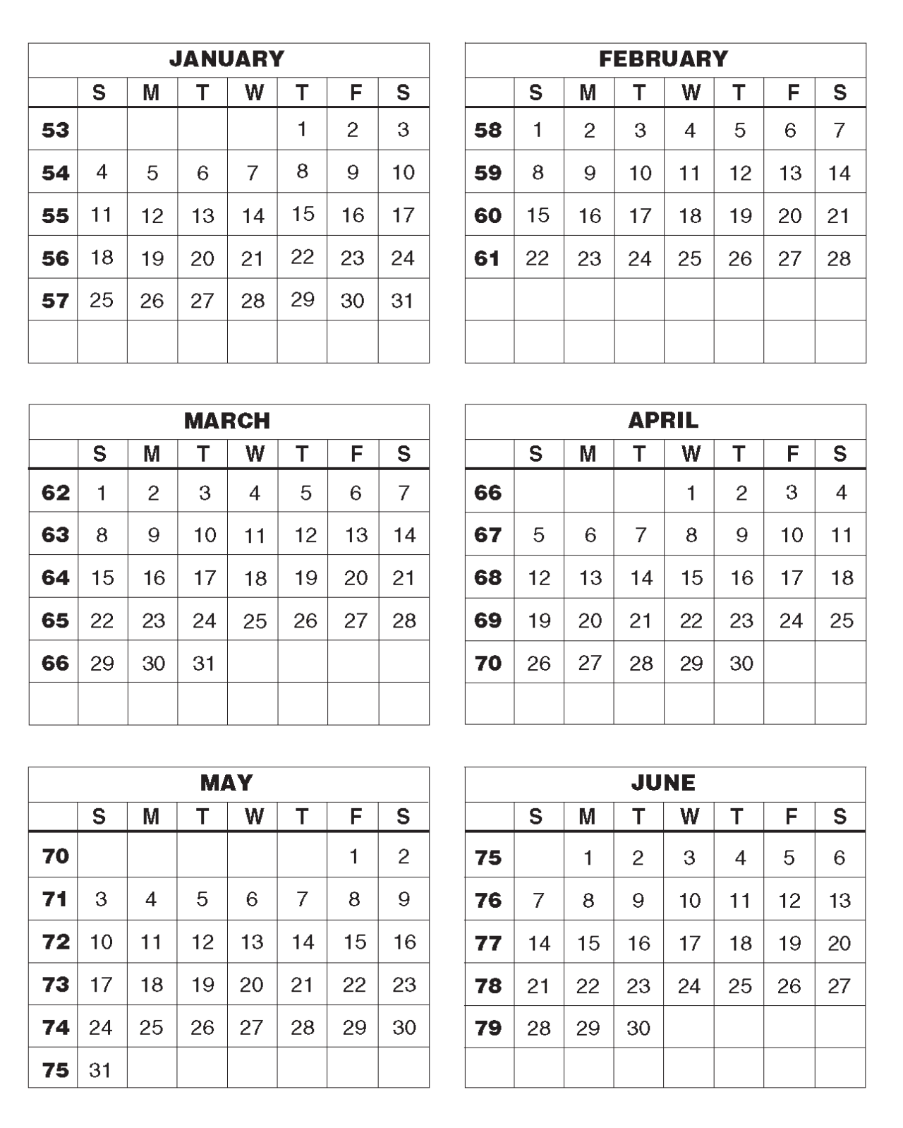 LABOR FORCE CALENDAR NUMBERED WEEKS FOR (2025)