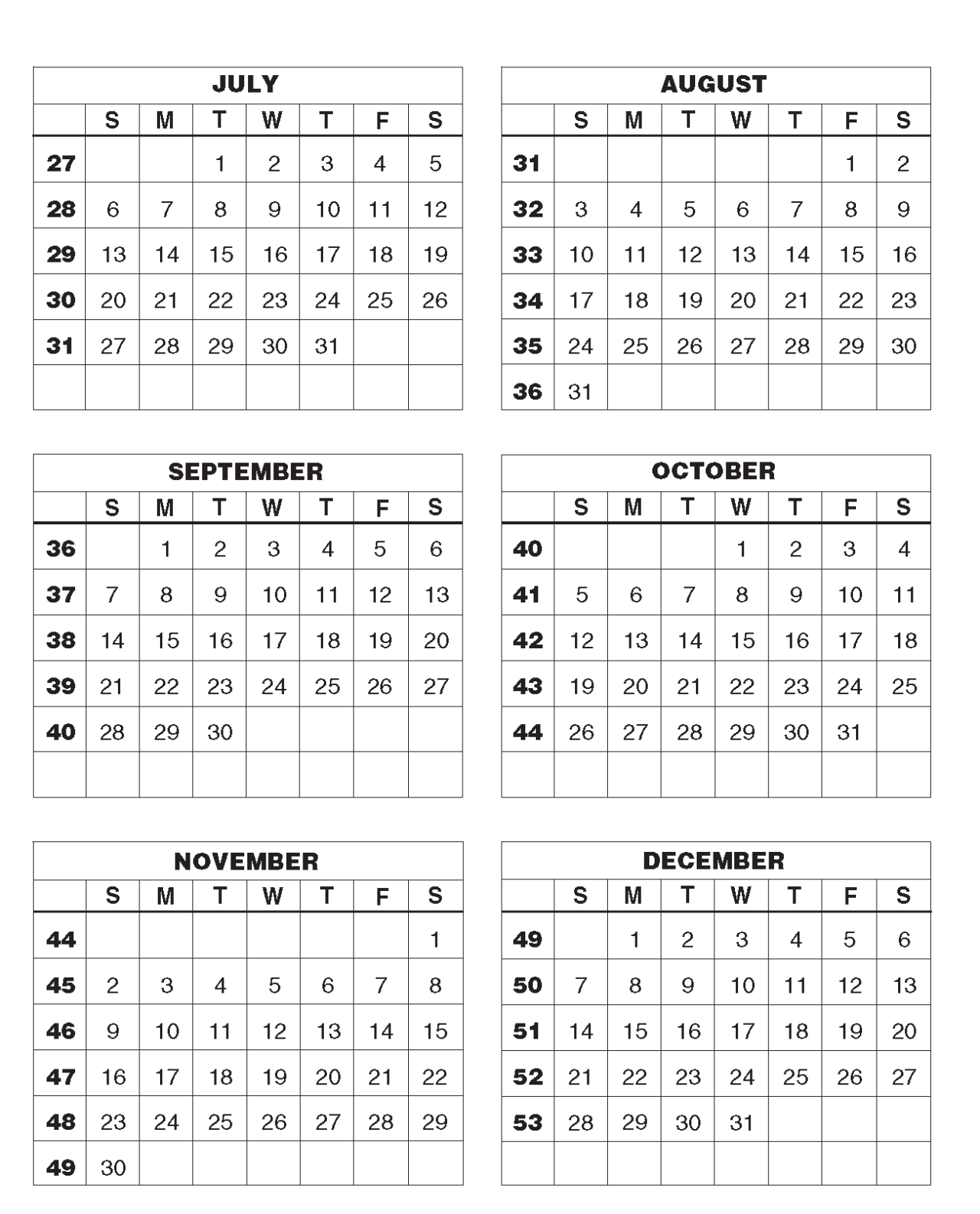 LABOR FORCE CALENDAR NUMBERED WEEKS FOR (2024)